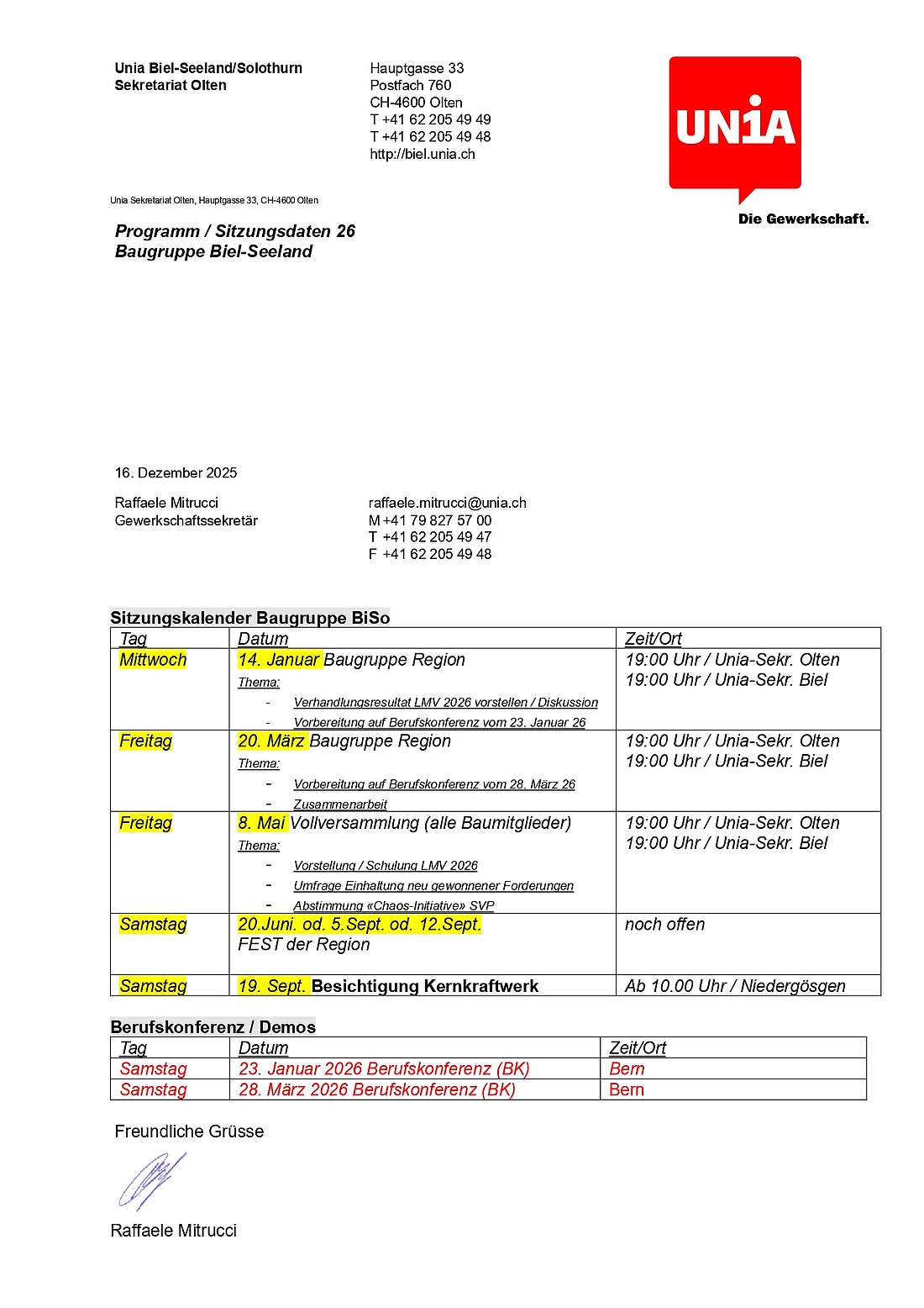 Jahresprogramm 2026 Unia Gruppe Bau